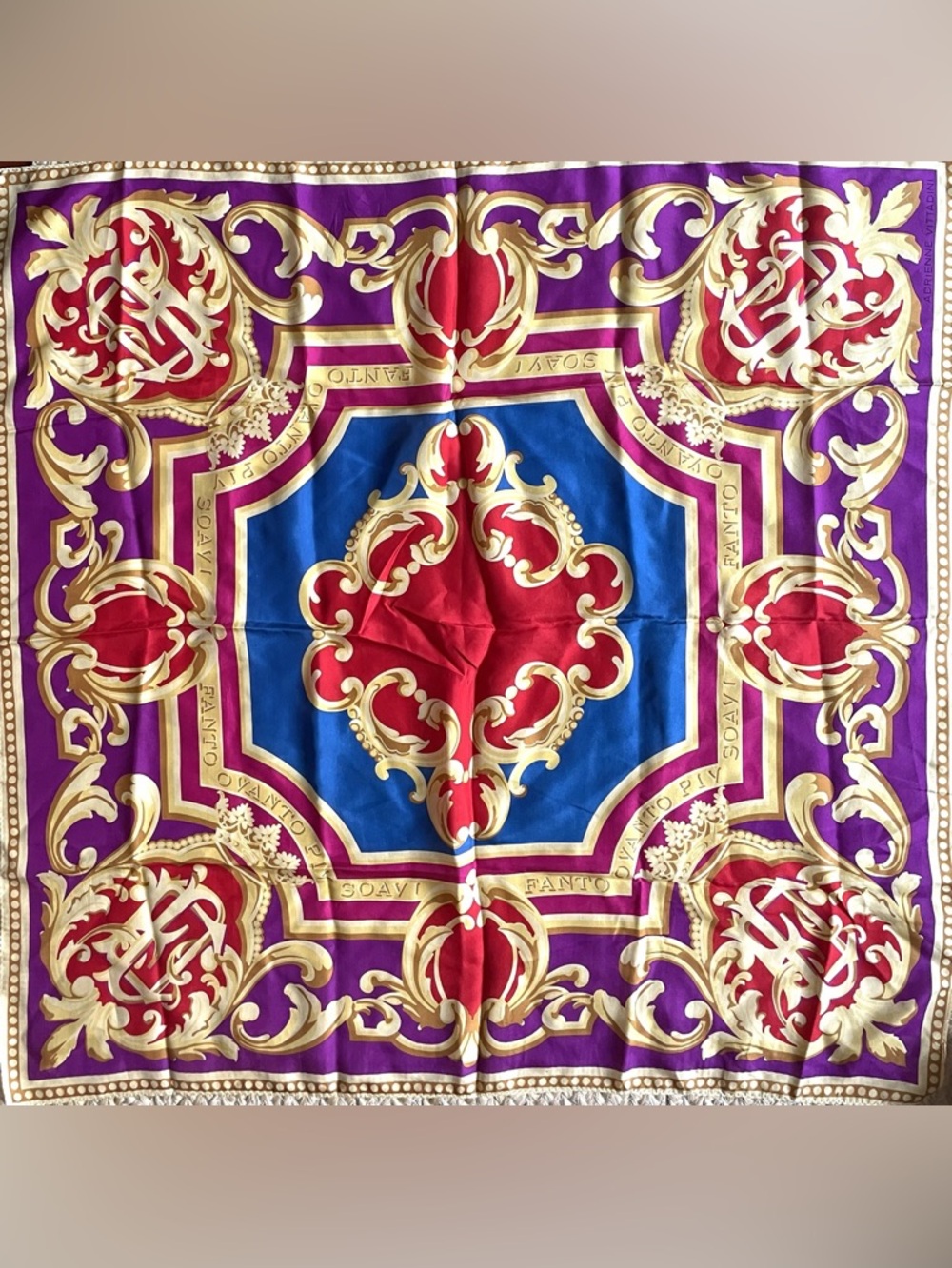 Vintage Italian Silk Scarf Baroque Tile Print Gold Red Blue Ornate Square